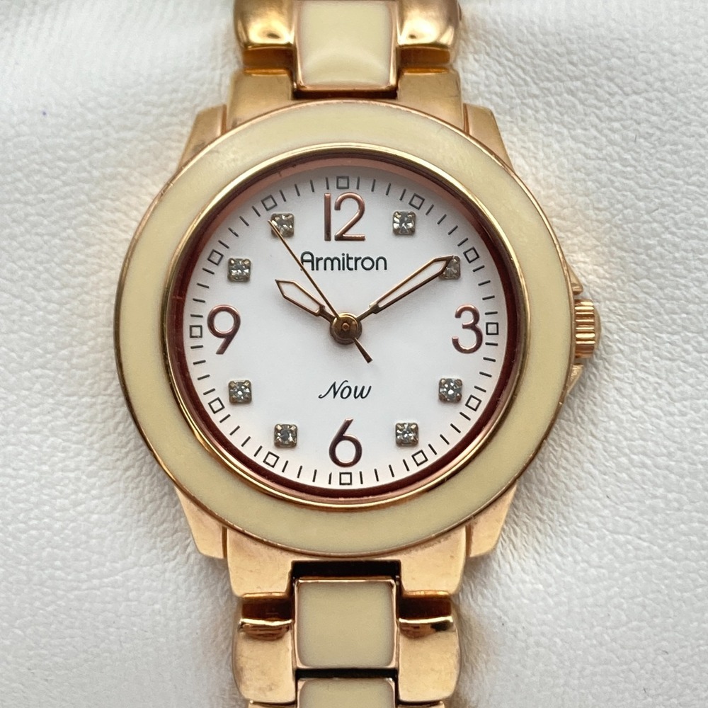 Armitron Women's Watch 27mm Rose Gold Tone Ivory Enamel New Battery SMALL 5.75"